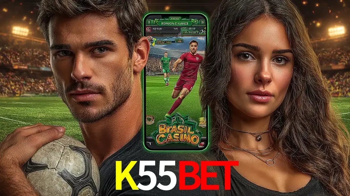 Homem segurando uma bola de futebol e uma mulher ao lado de um smartphone exibindo o jogo de apostas esportivas da K55BET. Faça seu palpite no cassino online.
